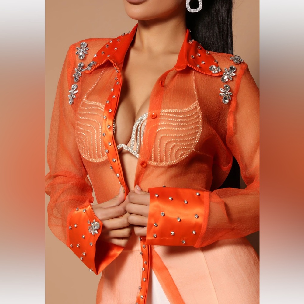 NovaLuxe Sheer Embellished Button Up shirt